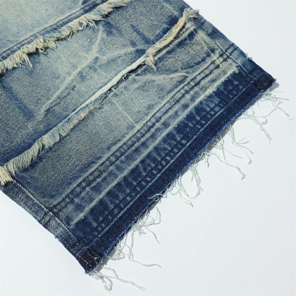 Loose Fit Baggy Jeans Men – Distressed Patchwork Wide-Leg Denim with Raw-Edge