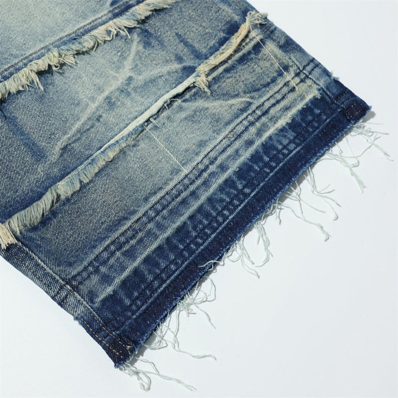 Loose Fit Baggy Jeans Men – Distressed Patchwork Wide-Leg Denim with Raw-Edge