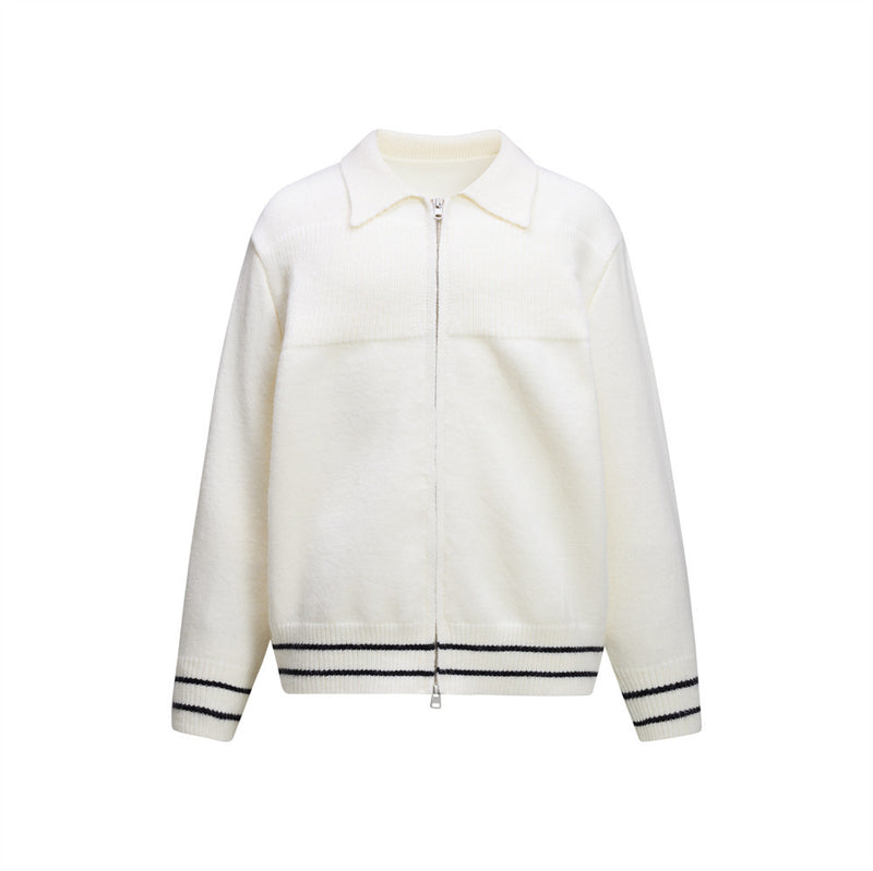 Men zip up knit sweater with polo collar and contrast stripe ribbing in cream, grey, and coffee brown