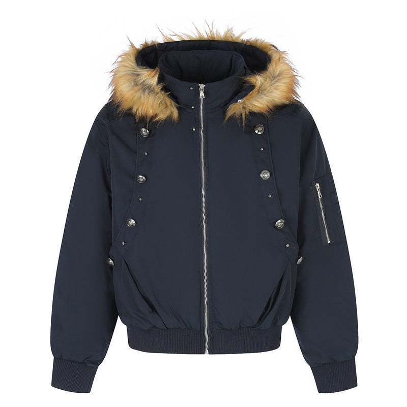 Men's Hooded Bomber Jacket with Detachable Fur-Trim Hood & Military Button