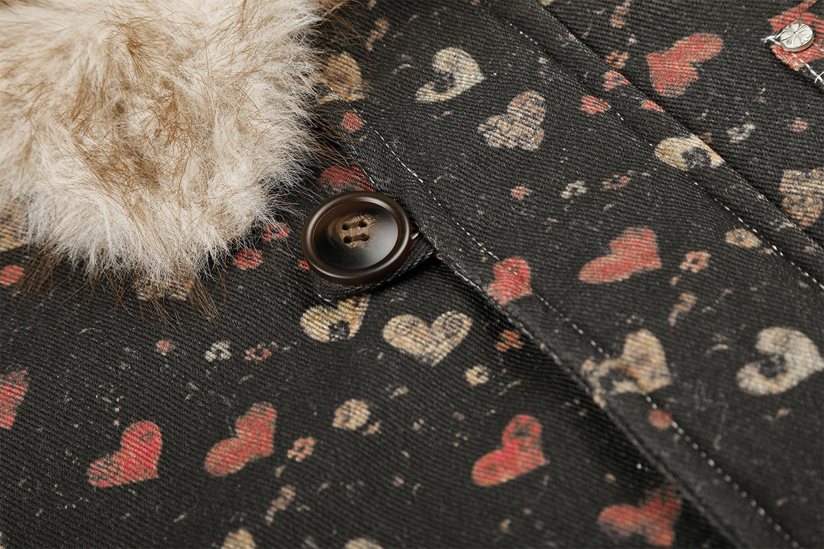 Heart Print Faux Fur Collar Padded Bomber Jacket – Vintage Floral Streetwear