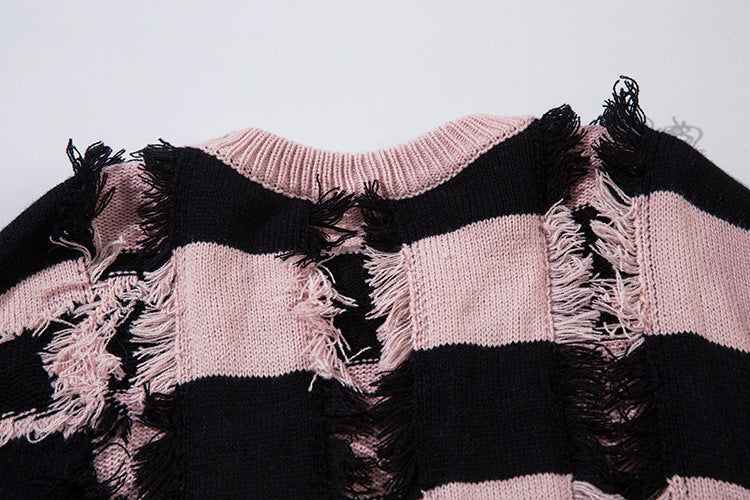 Pull oversize en maille rayée à étoiles délavée – Col rond à franges