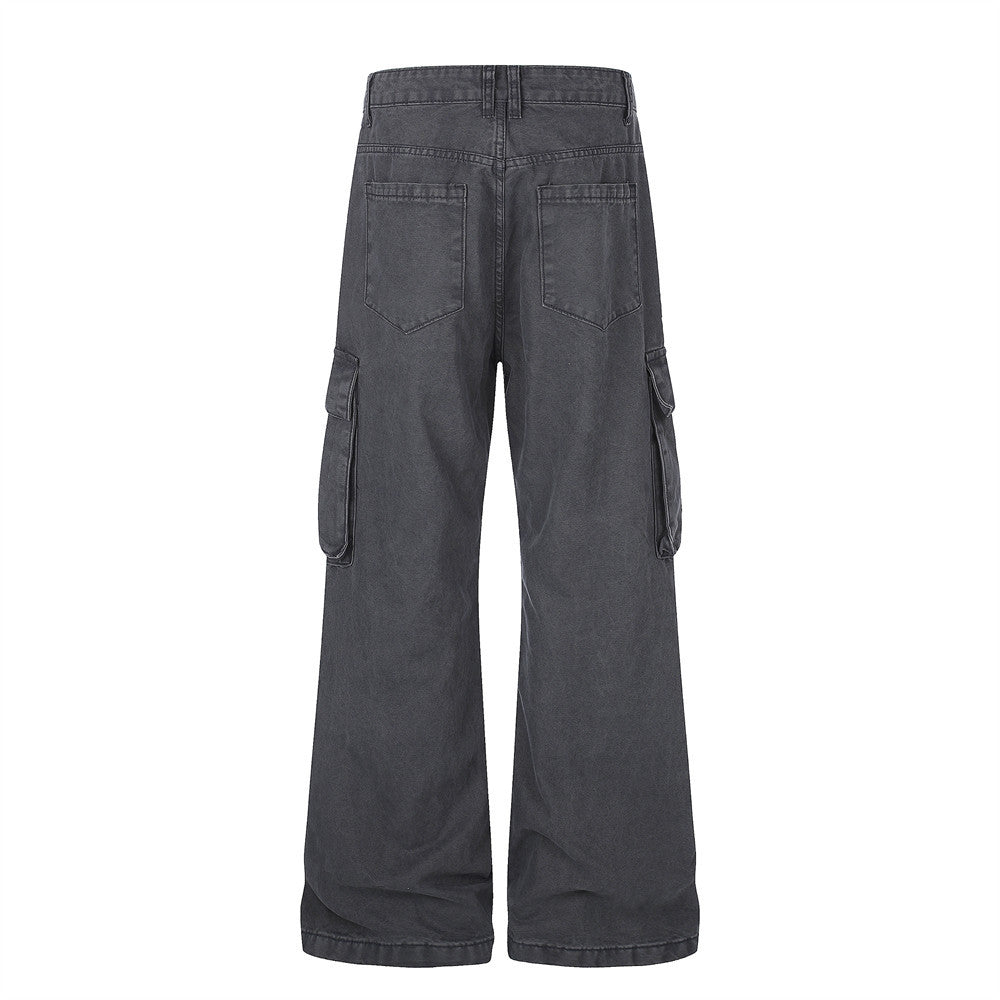 Black wide-leg cargo pants back view with cargo pockets and wide hems