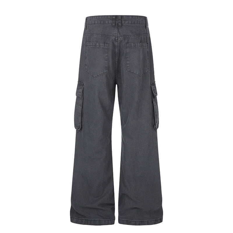 Black wide-leg cargo pants back view with cargo pockets and wide hems