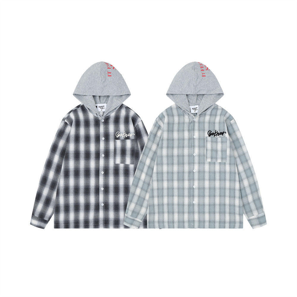 Plaid Hooded Shirt Men's Oversized Long Sleeve with Embroidered Graphic