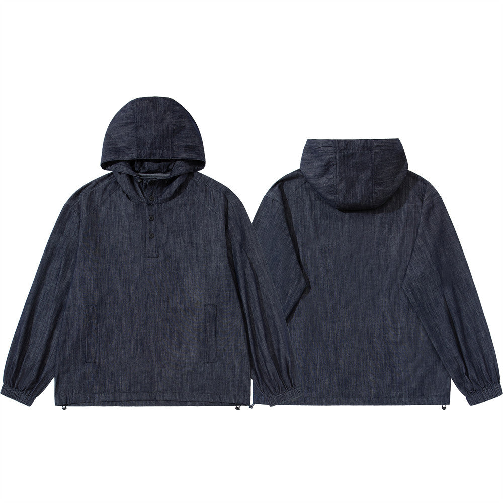 Men's Denim Pullover Anorak Hoodie – Oversized Half-Button Drawstring Hem