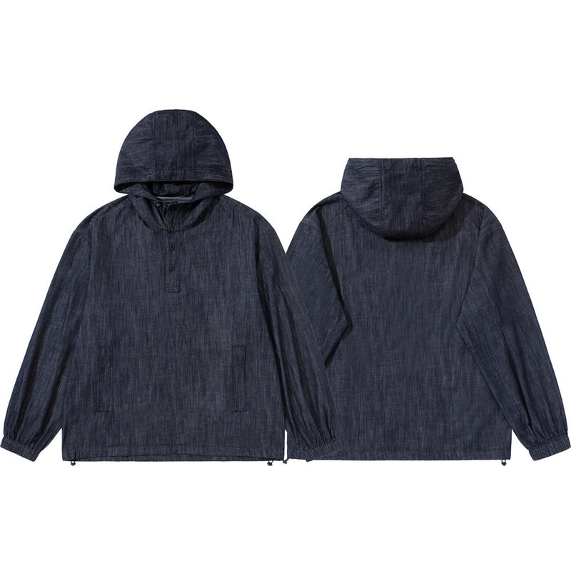 Men's Denim Pullover Anorak Hoodie – Oversized Half-Button Drawstring Hem