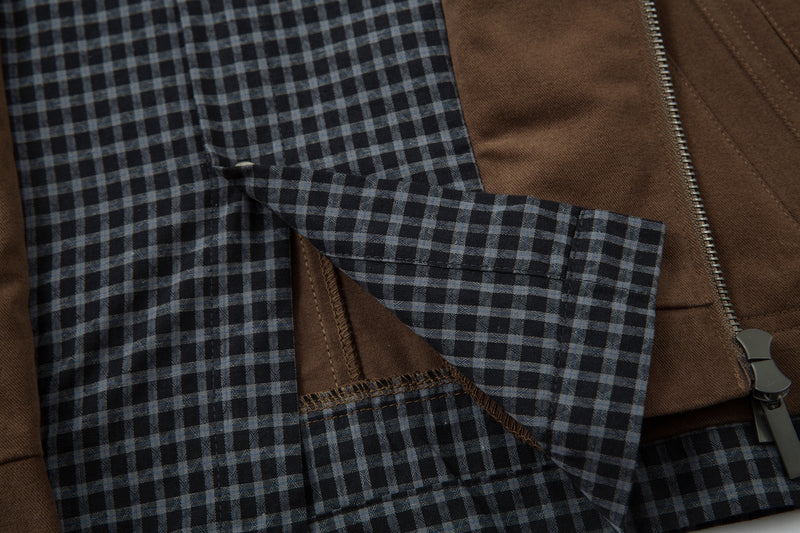 Men's Plaid-Lined Zip-Up Harrington Jacket – Layered Collar Workwear Coat
