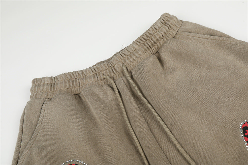 Wide-Leg Sweatpants with Leopard Print Rhinestone Hearts & Varsity Graphic