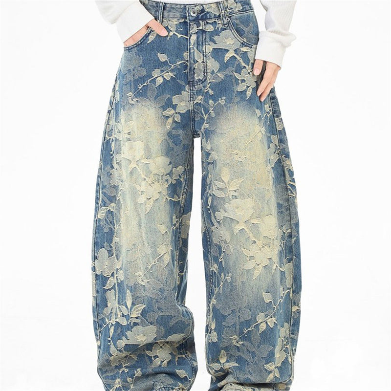 Floral Jacquard Wide-Leg Jeans – Vintage Washed Baggy Denim with Raised Flower