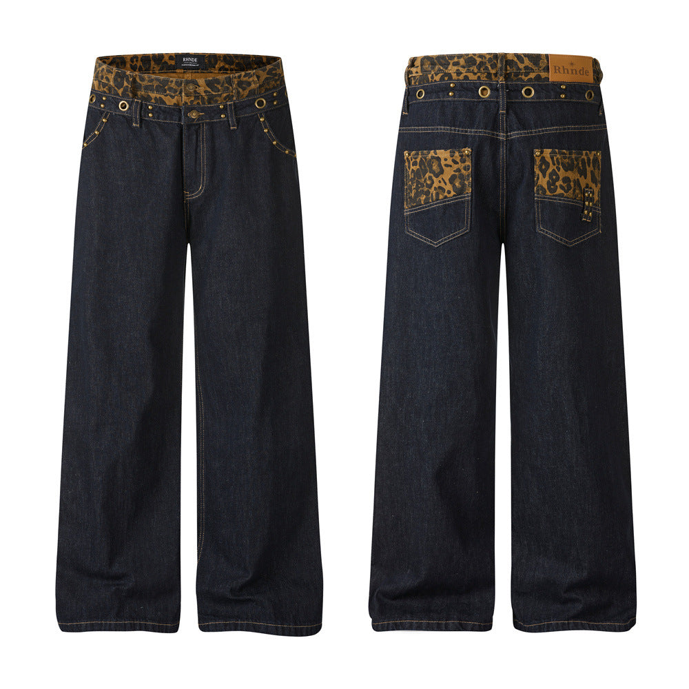 Wide-Leg Jeans with Leopard Print Double Waistband – Men's Dark Indigo Denim