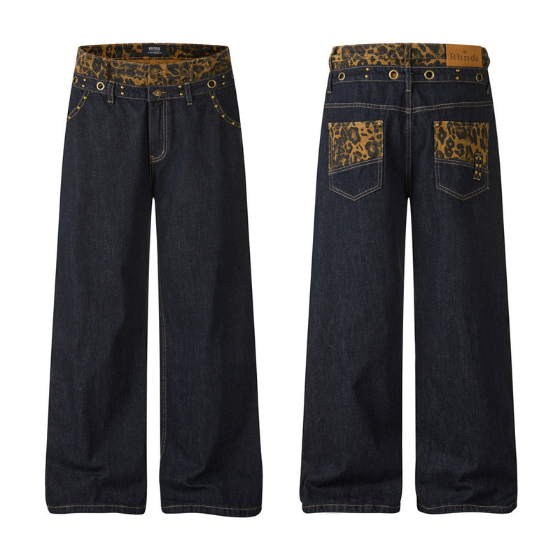 Wide-Leg Jeans with Leopard Print Double Waistband – Men's Dark Indigo Denim