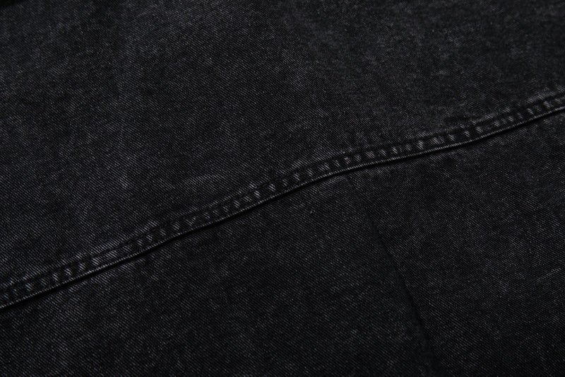 Washed Black Denim Hoodie Pullover with Metal Clasp Buckles