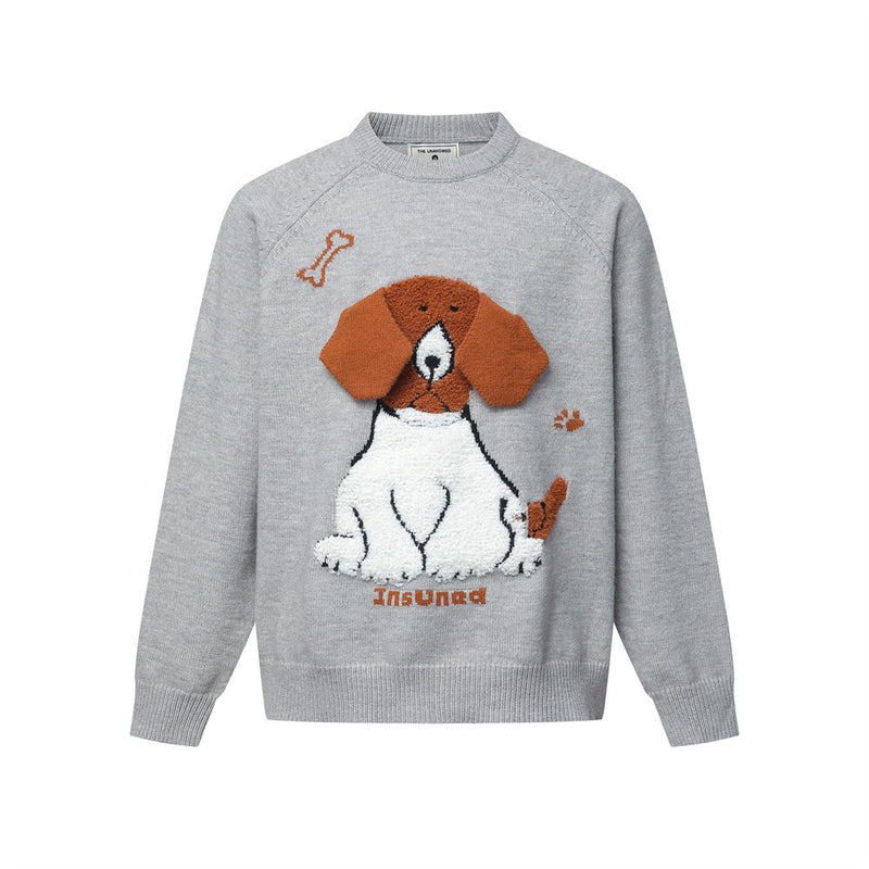 Cartoon Dog Jacquard Crew Neck Sweater – Oversized Knit Pullover