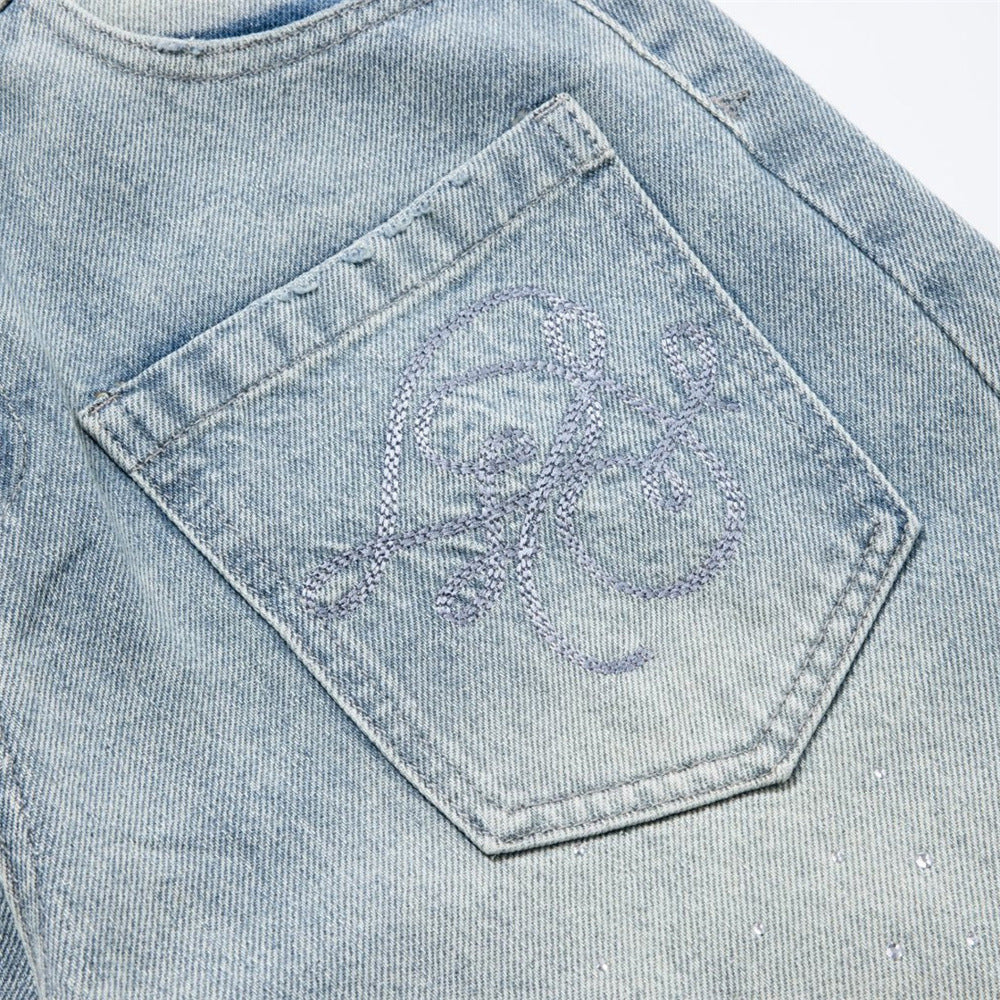 Baggy Denim Jeans Men – Rhinestone Scatter & Dragon Embroidery Wide-Leg Straight