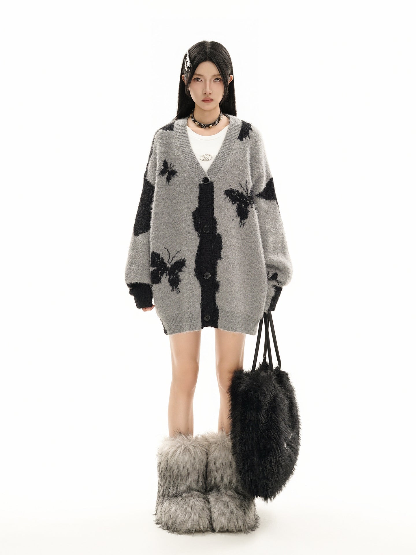 Gilet cardigan en maille jacquard papillon – Col V oversize, maille couple