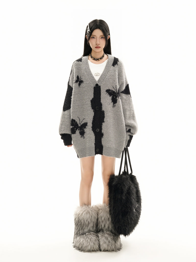 Gilet cardigan en maille jacquard papillon – Col V oversize, maille couple