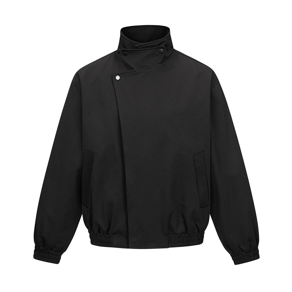 Men's oversized asymmetric snap-collar bomber jacket in black with stand collar and elasticated hem