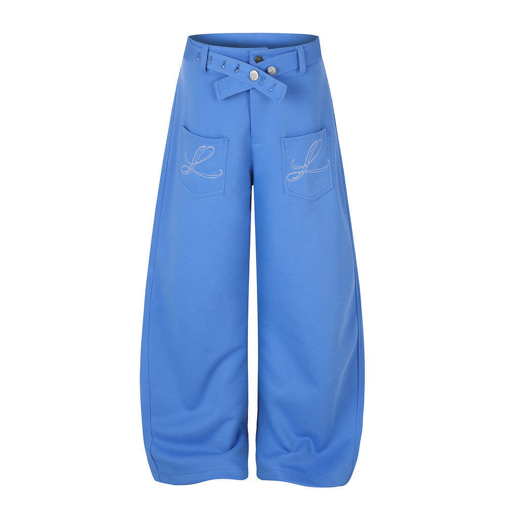 Wide-Leg Barrel Pants – Oversized Fit with Embroidered Pockets & Crossover