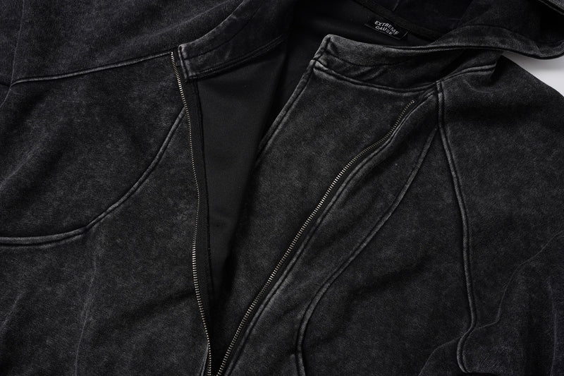 Oversized Acid Wash Zip-Up Hoodie – Deconstructed Streetwear Design