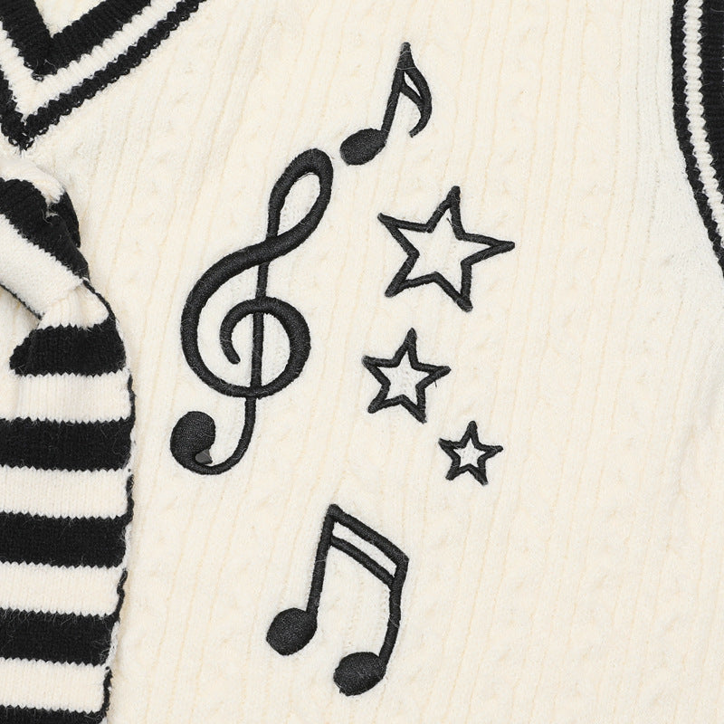 V-Neck Cable Knit Sweater Vest with Music Note Embroidery & Striped Tie Detail