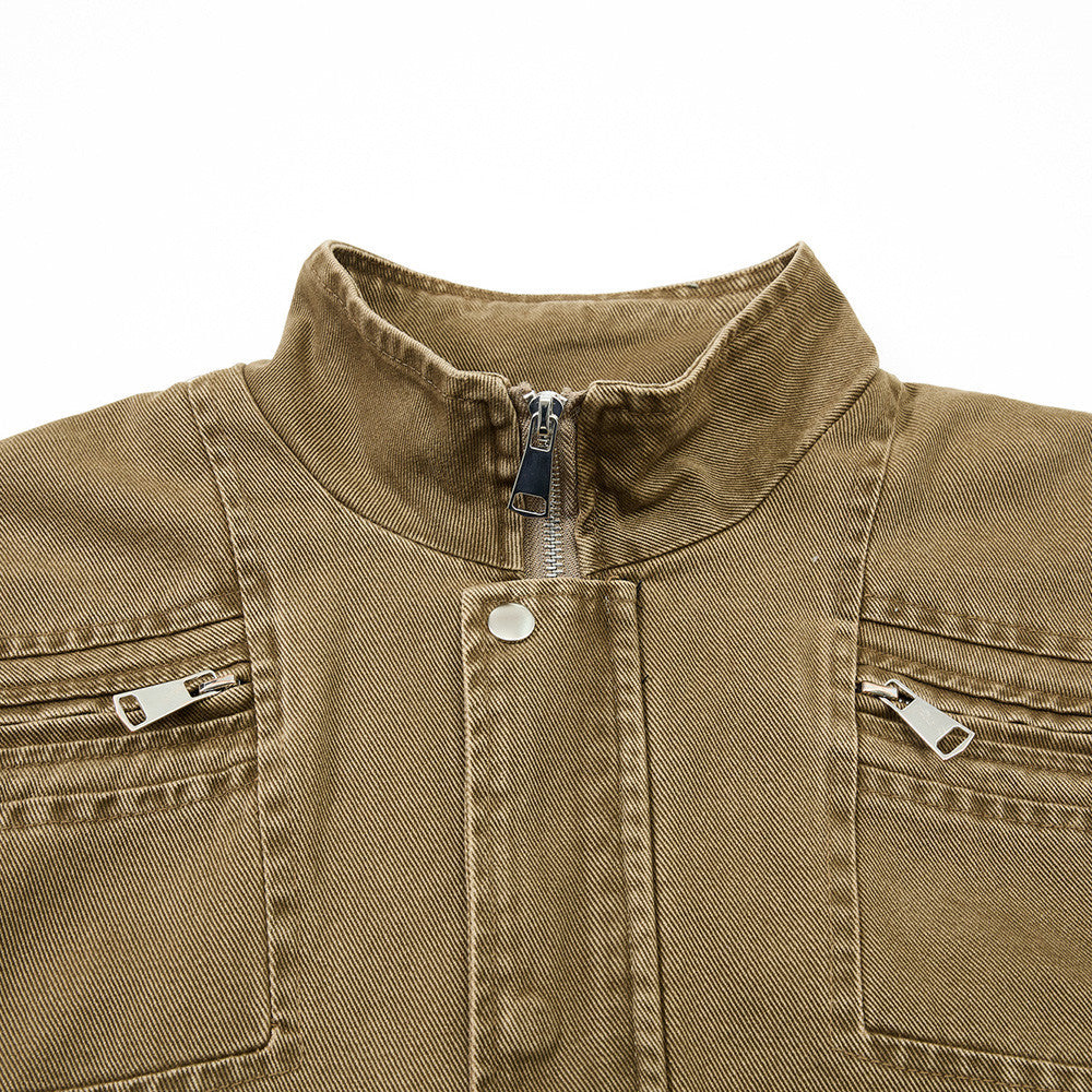 Vintage Workwear Denim Jacket – Stand Collar, Zip Chest Pockets & Oversized Fit