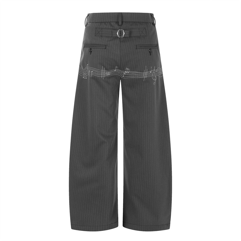 Pinstripe Wide-Leg Trousers with Music Note Embroidery