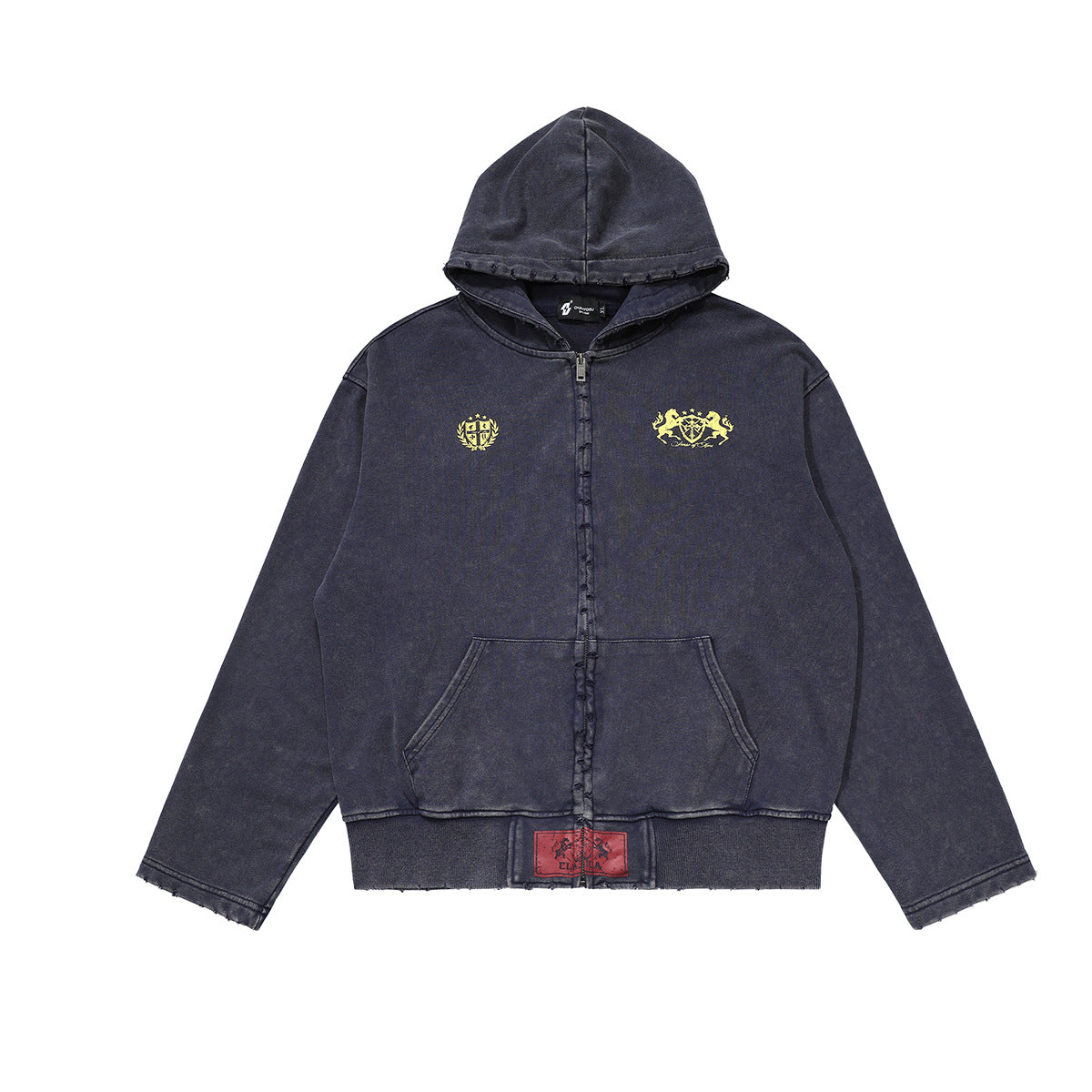 Zip-Up Cropped Hoodie Acid Wash Heraldic Crest Streetwear