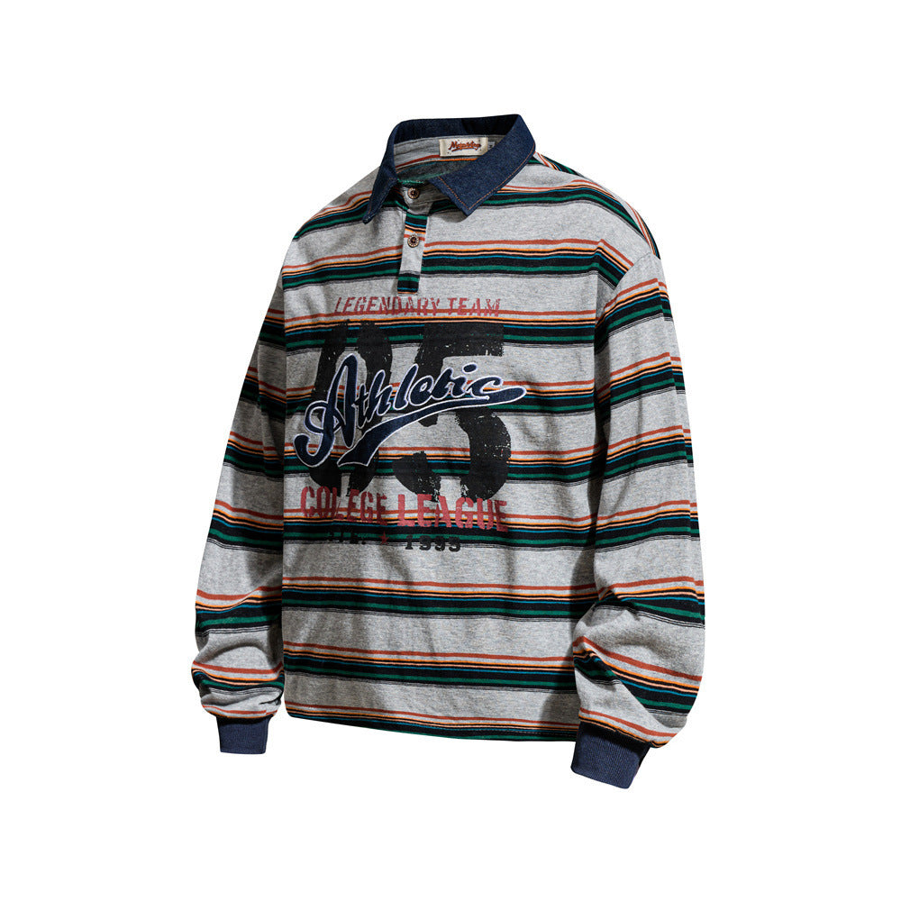 Striped Rugby Polo Shirt – Vintage American College Graphic Long Sleeve