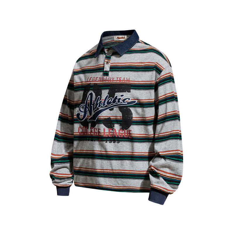 Striped Rugby Polo Shirt – Vintage American College Graphic Long Sleeve