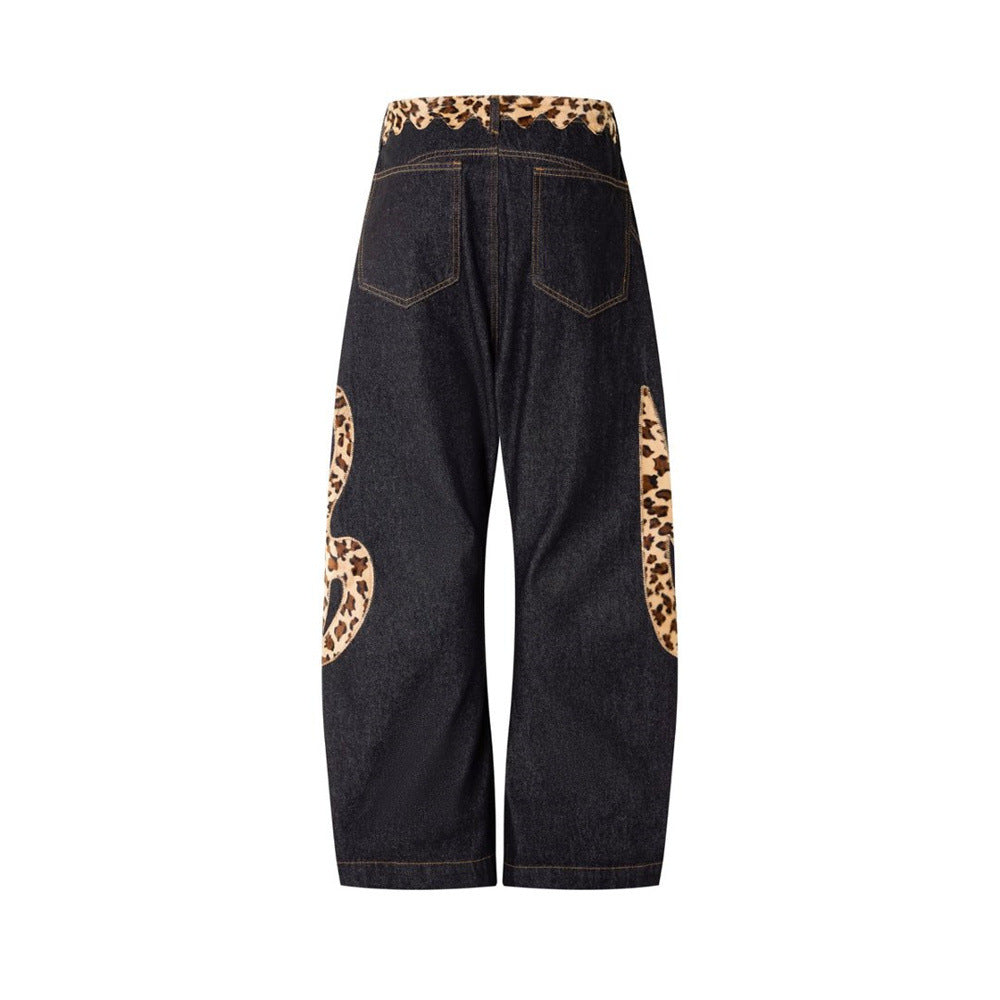 Loose Fit Jeans Men – Black Wide-Leg Denim with Leopard Print Appliqué Patches