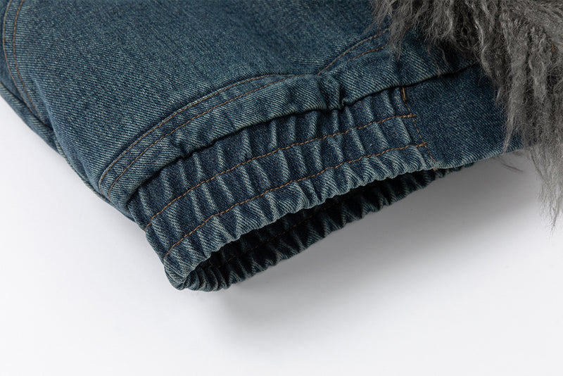 Washed Denim Cotton-Padded Jacket with Faux Fur Collar & Cuffs