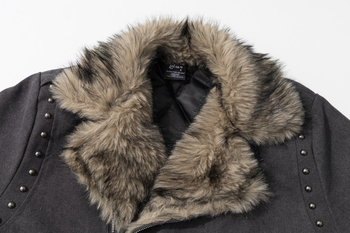 Men's Faux Fur Collar Studded Bomber Jacket – Charcoal Winter Coat