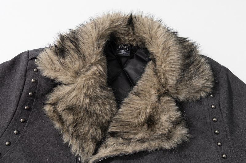 Men's Faux Fur Collar Studded Bomber Jacket – Charcoal Winter Coat