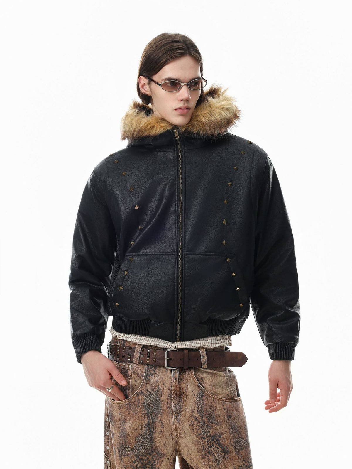 Studded faux leather hooded bomber jacket with faux-fur trim collar and sherpa lining in black