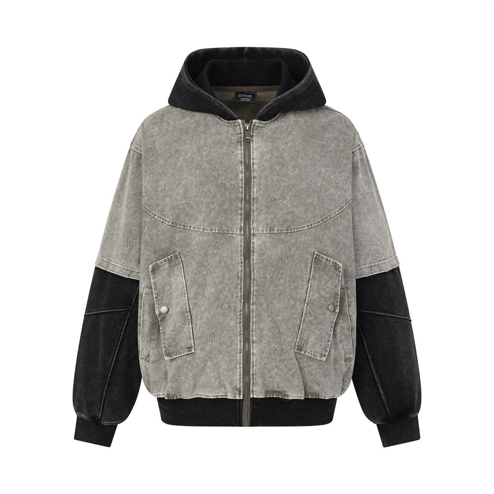 Veste bomber à capuche oversize pour homme en denim délavé, empiècements contrastants, fermeture zippée intégrale et boutons-pression
