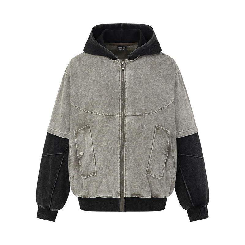 Veste bomber à capuche oversize pour homme en denim délavé, empiècements contrastants, fermeture zippée intégrale et boutons-pression