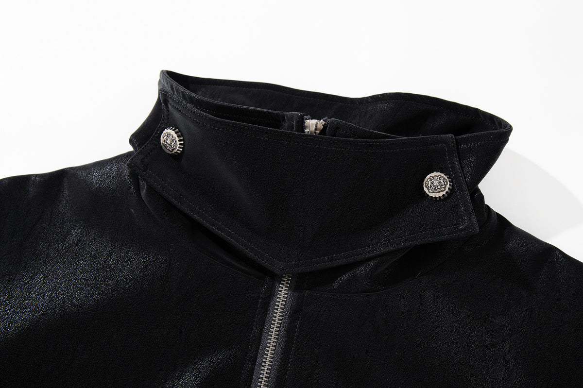 Oversized Black Leather Jacket Faux PU Bomber with High Collar