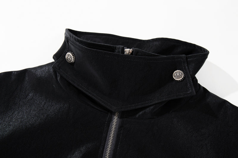 Oversized Black Leather Jacket Faux PU Bomber with High Collar