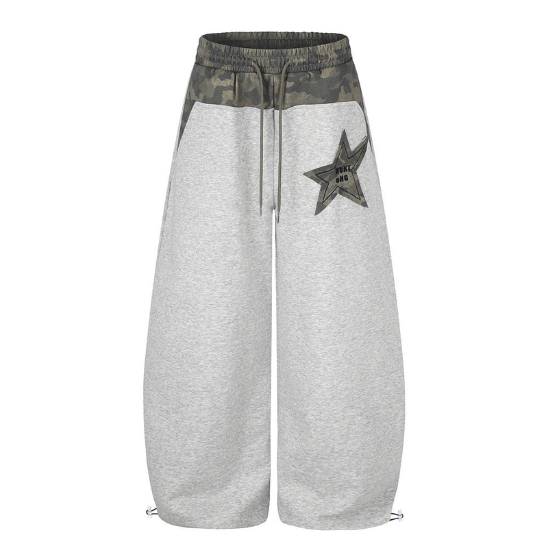 Wide-Leg Sweatpants with Camo Waistband & Star Patch – Men's Oversized