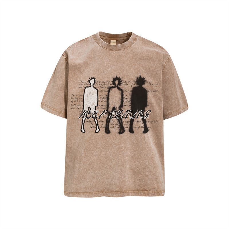 Abstract Shadow Figure Acid Wash Oversized T-Shirt – Vintage Washed Cotton Tee