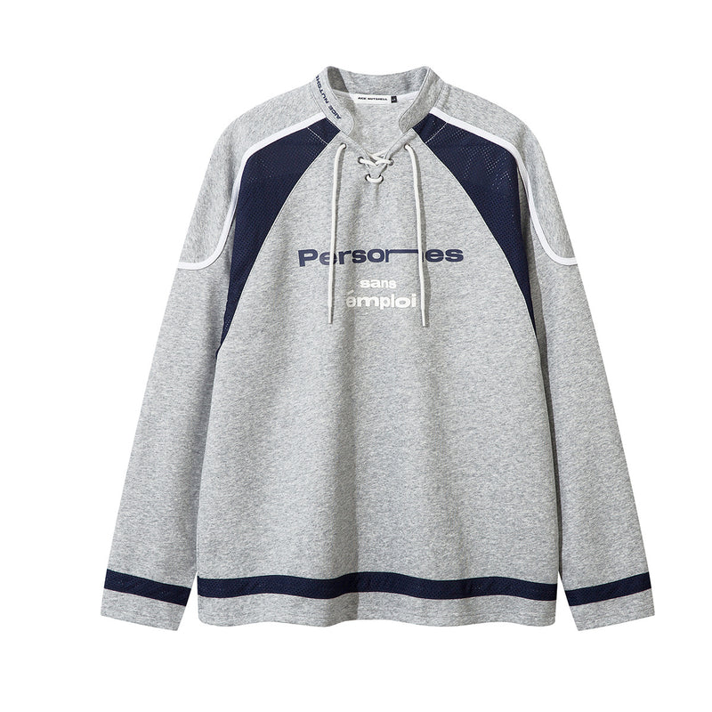 Lace-Up Hockey Jersey Sweatshirt – Colorblock Mesh Panel Pullover
