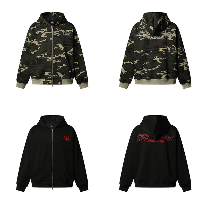 Zip-Hoodie mit Drachenemblem – Oversized Streetwear in Camo & Schwarz