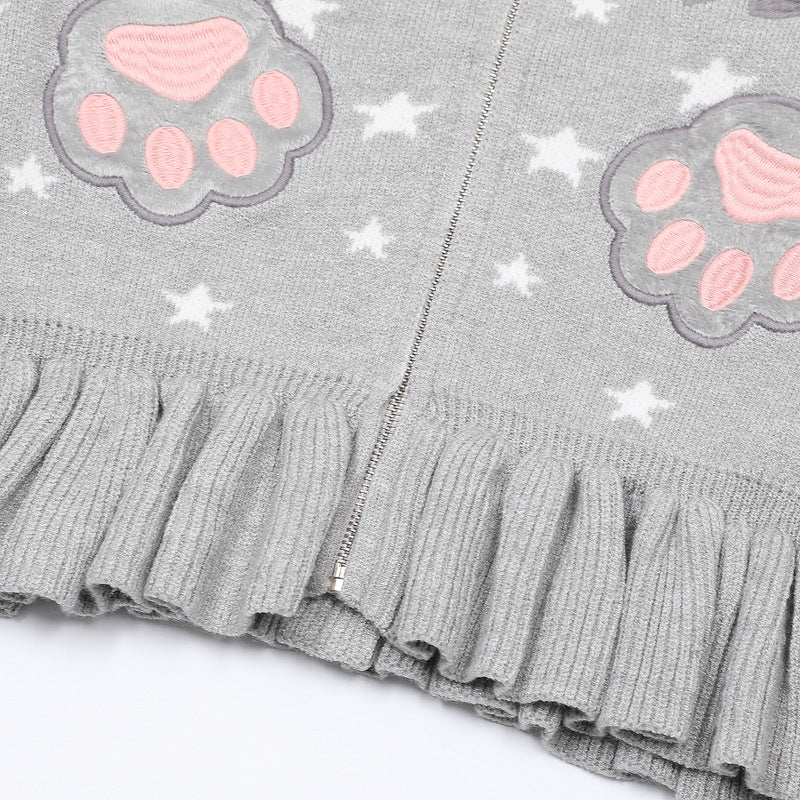 Star Print Zip-Up Knit Cardigan with Ruffle Hem & Cat Paw Embroidery