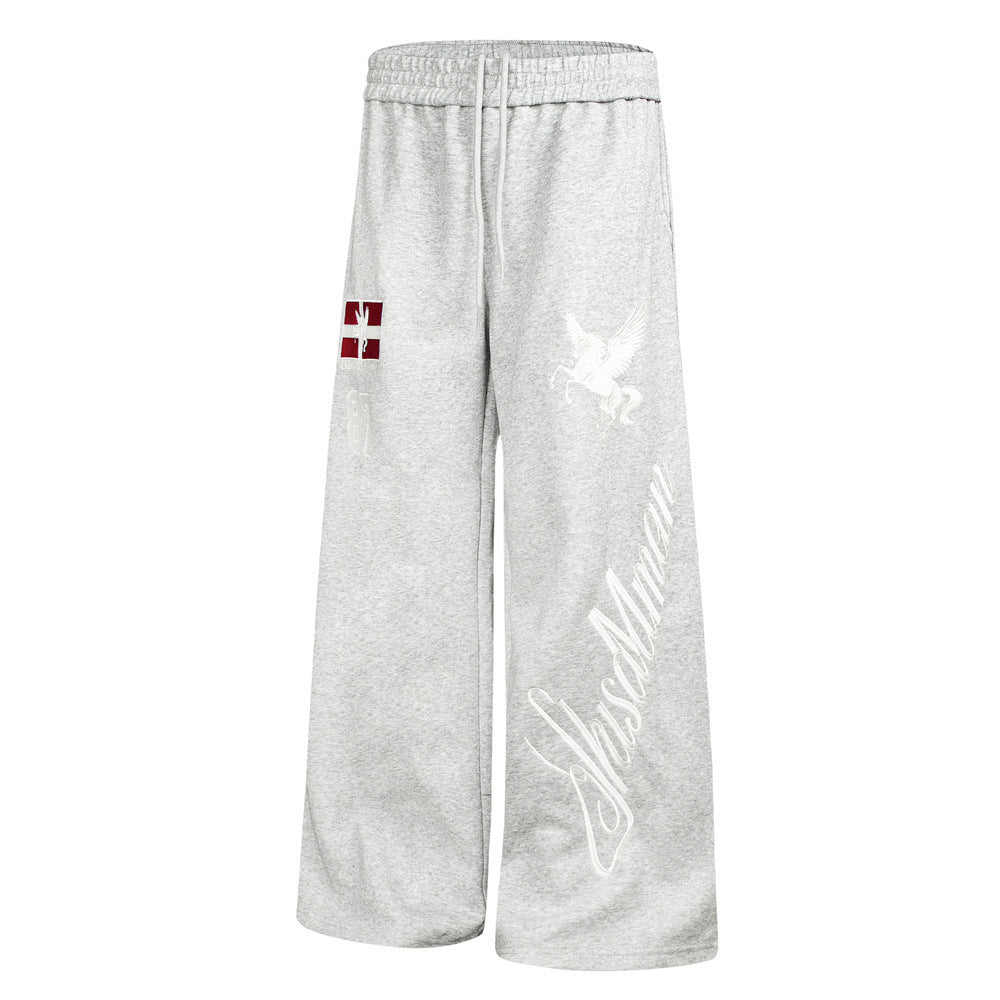 Wide-Leg Sweatpants with Pegasus Embroidery & Letter Patch – Men's Streetwear
