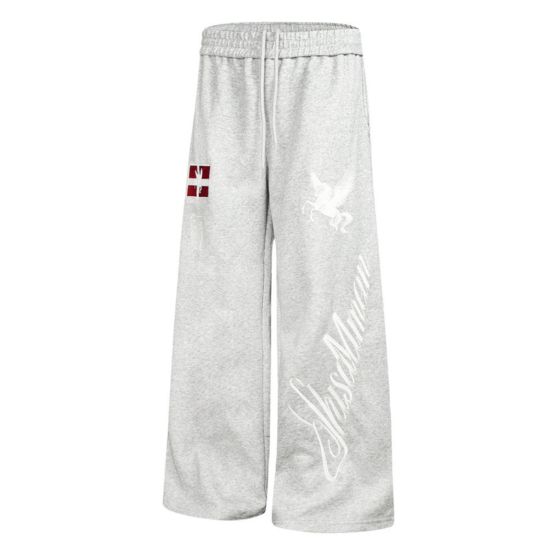 Wide-Leg Sweatpants with Pegasus Embroidery & Letter Patch – Men's Streetwear