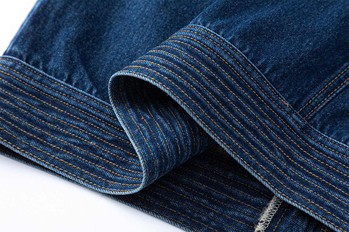 Veste en jean bleu foncé à col montant style militaire avec boutons décoratifs
