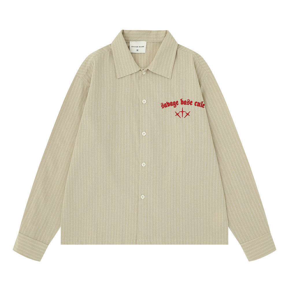 Striped Long Sleeve Shirt – Gothic Letter Embroidery, Relaxed Fit