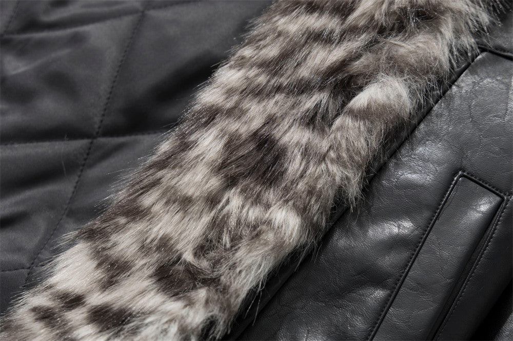 Chaqueta de piel sintética PU negra para hombre con cuello y borde de pelo sintético