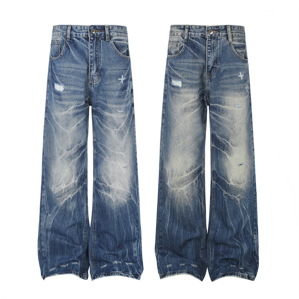 Jeans délavés usés à jambes larges – Denim vintage punk délavé pour homme